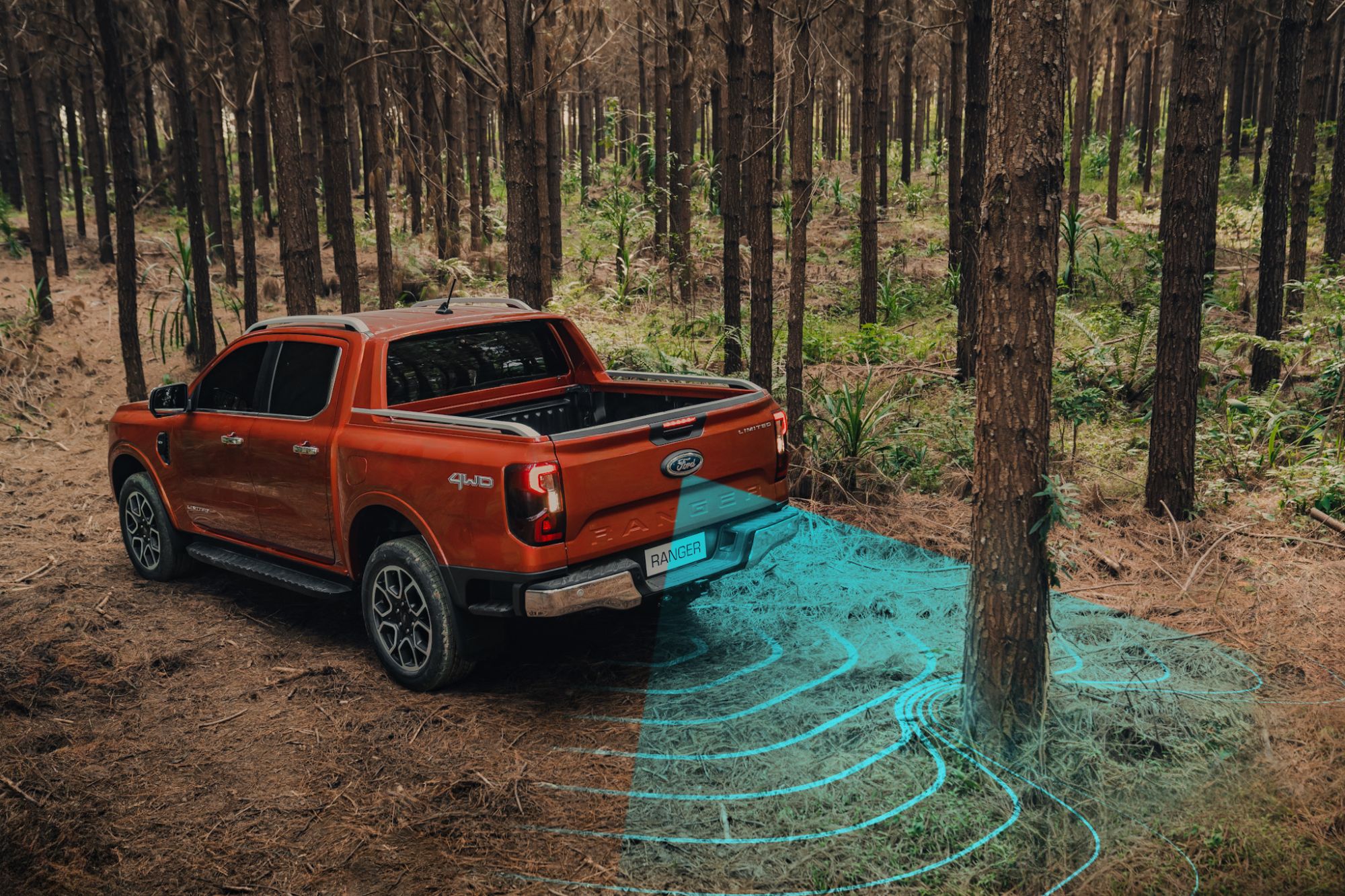 Ilustração CGI do assistente de frenagem em ré do Ford Ranger 2024